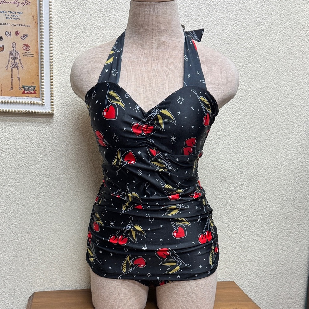 Sourpuss Black Halter One-Piece Swimsuit with Red Cherry Print